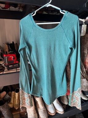 Free People Teal Lace-Trim Long Sleeve Top